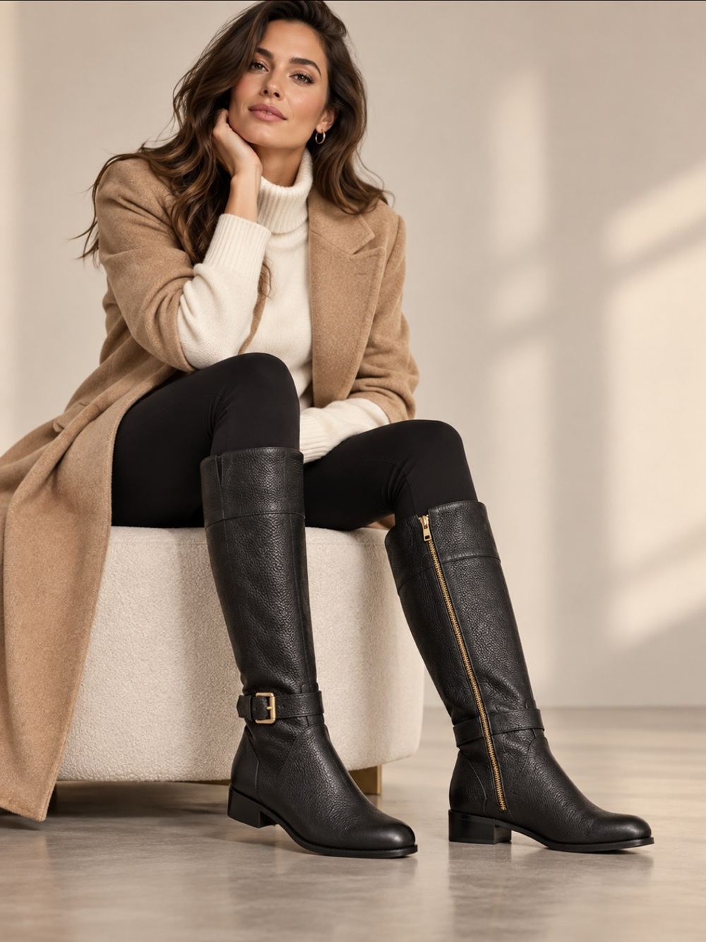 LANDSEND NIB Women Pebble Leather Classic Tall Riding Boots Gold Hardware